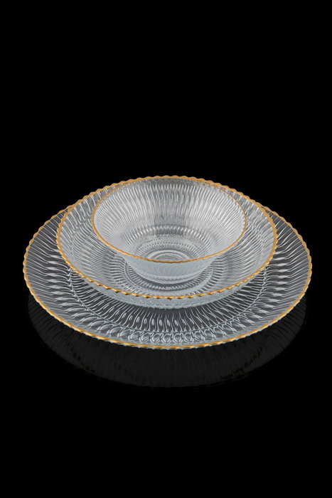 Hermia 12YTAY Juego de Cena de Vidrio Transparente 12 Piezas: 4 Cuencos 15 cm, 4 Platos 21 cm, 4 Platos 28 cm